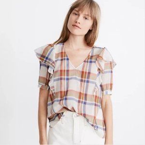NWT XS Madewell Cream Plaid Shoulder-Ruffle Top